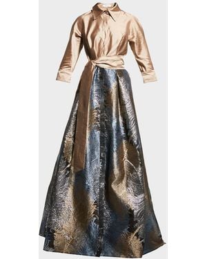 Teri Jon Taffeta Shirtdress W/ Feather Metallic Jacquard - White