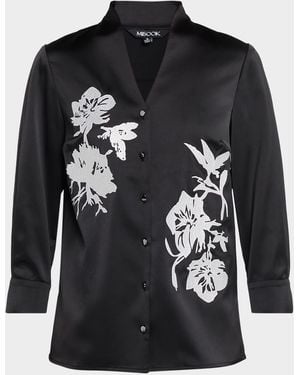 Misook Embroidered Crepe De Chine Blouse - Black