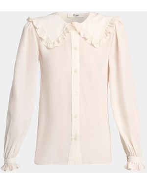 Chloé Ruffled Wide Collar Silk Jacquard Button-Down Blouse - Natural