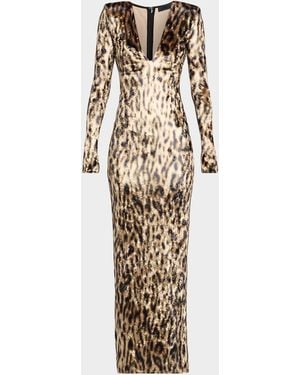 LAPOINTE Plunging Ocelot-Print Velvet Long-Sleeve Maxi Dress - Natural