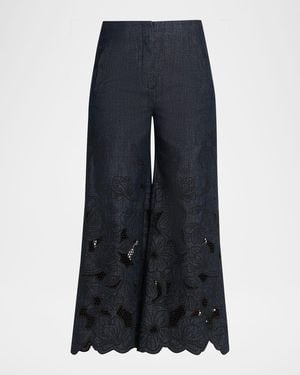 Veronica Beard Osborne Embroidered Chambray Pants - Blue