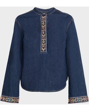 Cinq À Sept Birdie Embroidered Denim Top - Blue