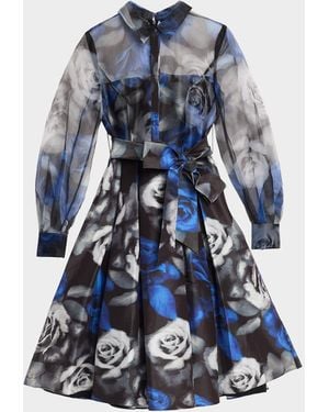 Cynthia Rowley Agatha Belted Floral Organza Midi Shirtdress - Blue