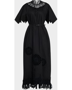 Mantu Embroidered Fringe-Hem Cotton Maxi Dress - Black