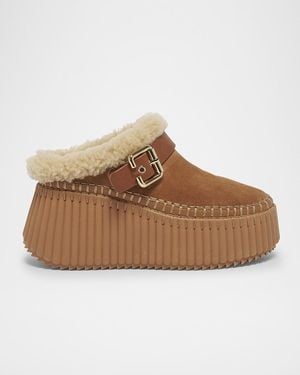 Chloé Nama Suede Shearling-Lined Platform Clogs - Brown