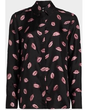 Altuzarra Chika Lip-Print Silk Button-Down Top - Black