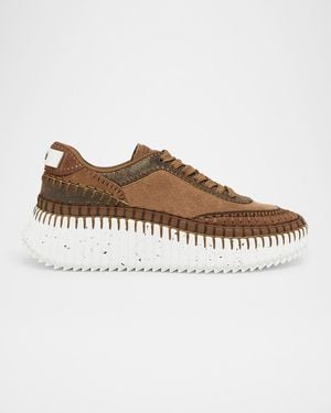 Chloé Nama Mixed Leather Low-Top Platform Sneakers - Brown