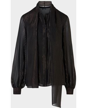 Akris Metallic-Stripe Gathered Blouse - Black