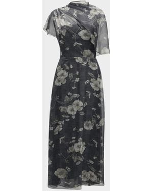 Lela Rose Draped Bodice A-Line Chiffon Midi Dress - Gray