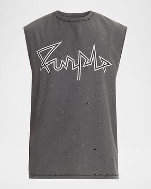 Purple Apos;Distressed Cotton Sleeveless Logo T-Shirt - Gray