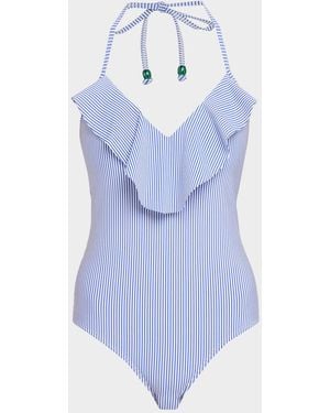 Shoshanna Ruffle Striped One-Piece Swimsuit - Blue