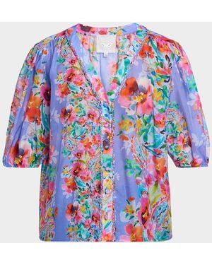 Johnny Was Mirrian Floral Cotton-Silk Blouse - Blue
