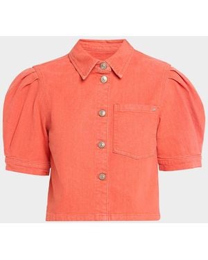 Cinq À Sept Halsie Puff-Sleeve Stretch-Cotton Denim Crop Shirt - Orange