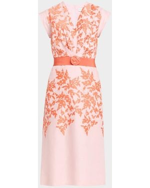 Silvia Tcherassi Embroidered Linen Midi Dress With Belt - Pink