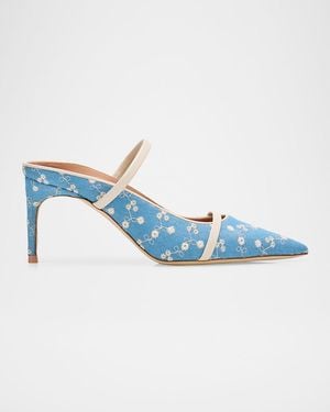 Malone Souliers 70Mm Aurora Embroidered Denim Mule Pumps - Blue