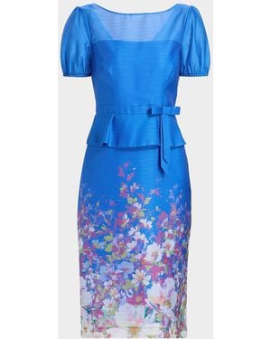 Kay Unger Annabelle Floral-Print Organza Peplum Midi Dress - Blue