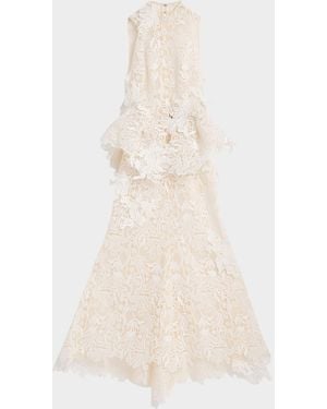 Bibhu Mohapatra Nomad High-Low Floral Lace Halter Gown - Natural