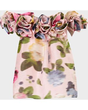 Carolina Herrera Rosette Off-The-Shoulder Floral Silk Blouse - Pink