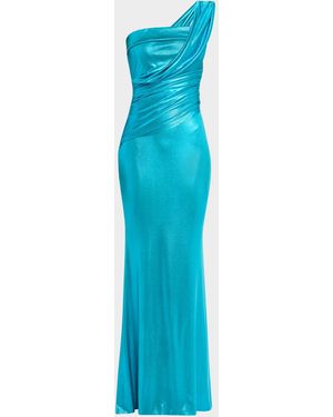 La Petite Robe Di Chiara Boni Ruched One-Shoulder Shimmer Column Gown - Blue
