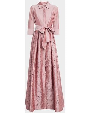 Teri Jon Floral-Embroidered Eyelet Taffeta Shirt Gown - Pink