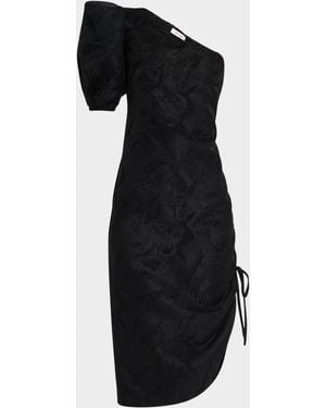 Rosie Assoulin One-Shoulder Puff-Sleeve Ruched Midi Dress - Black