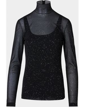 Akris Punto Rhinestone Sheer Mesh Mock Turtleneck Top - Black