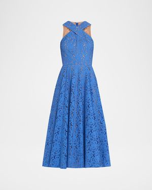 Michael Kors Broderie Anglaise Crossover Halter Midi Dress - Blue
