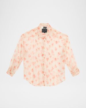 R13 Pintuck Drop-Neck Heart-Print Silk Shirt - Pink