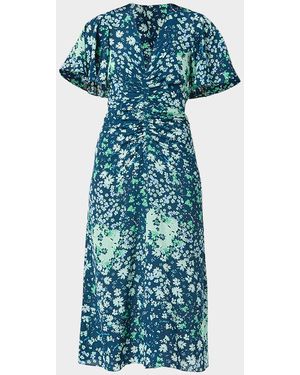 Shoshanna Drew Ruched Floral-Print Midi Dress - Blue