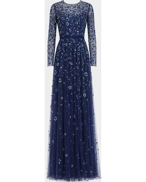 Mac Duggal Beaded Floral Sequin Mesh Gown - Blue
