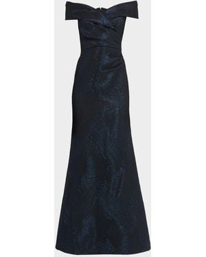 Teri Jon Off-Shoulder Metallic Jacquard Gown - Blue