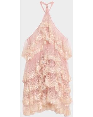 AKNVAS Angelica Sequined Ruffle Halter Dress - Pink