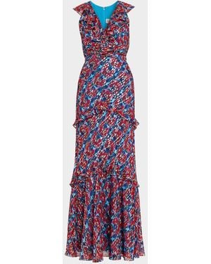 Saloni Rita Floral Ruffled Maxi Dress - Purple