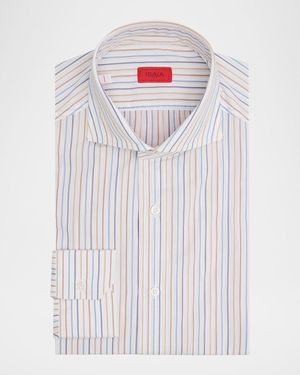 Isaia Cotton Stripe Spread Collar Dress Shirt - White