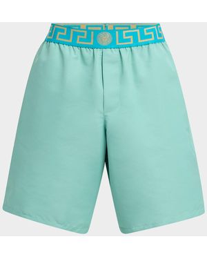 Versace Greek Key Long Swim Shorts - Blue