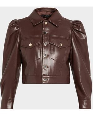 Alice + Olivia Lana Vegan Leather Puff-Shoulder Jacket - Brown