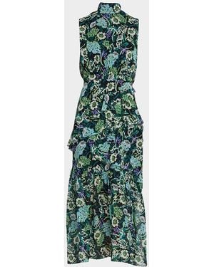 Saloni Fleur Silk Sleeveless Tiered-Ruffle Midi Dress - Green