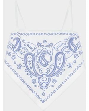 Self-Portrait Bandana Embroidered Linen-Cotton Crop Top - Blue