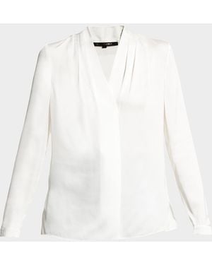 Kobi Halperin Nellie Pleated V-Neck Long-Sleeve Blouse - White