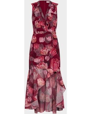 MILLY Nanci Floral High-Low Ruffle Midi Dress - Red