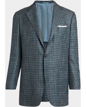 Kiton Apos;S Gingham Check Cotton-Blend Single-Breasted Blazer - Blue