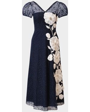Kay Unger Layla Puff-Sleeve Floral Applique Midi Dress - Blue
