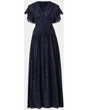Shoshanna Lilly Flutter-Sleeve Metallic Chiffon Gown - Blue