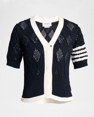 Thom Browne Argyle Pointelle-Knit Cotton Cardigan - Blue