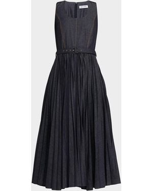 Dice Kayek Sleeveless Pleated Denim Midi Dress With Belt - Blue
