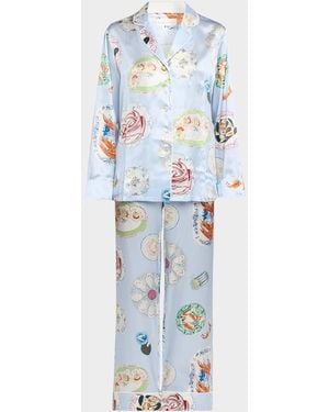 Olivia Von Halle Lila Seafood-Print Silk Satin Pajama Set - Blue
