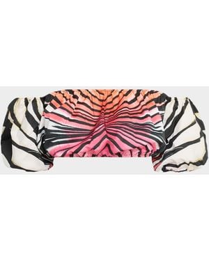 Roberto Cavalli Ray Of Paradise Off-The-Shoulder Puff-Sleeve Crop Top - Red