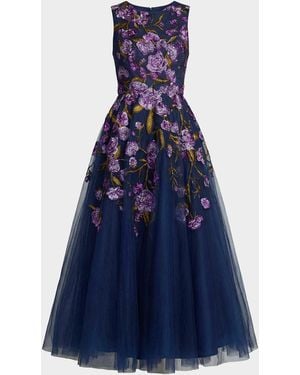 Mac Duggal Floral-Embroidered Tulle Tea-Length Cocktail Dress - Blue