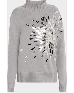 Oscar de la Renta Shattered Glass Embroidered Mockneck Sweater - Gray