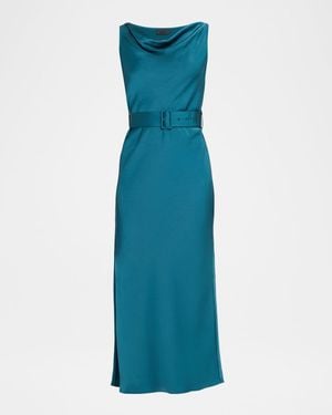 LAPOINTE Cowl-Neck Satin Belted Sleeveless Midi Dress - Blue